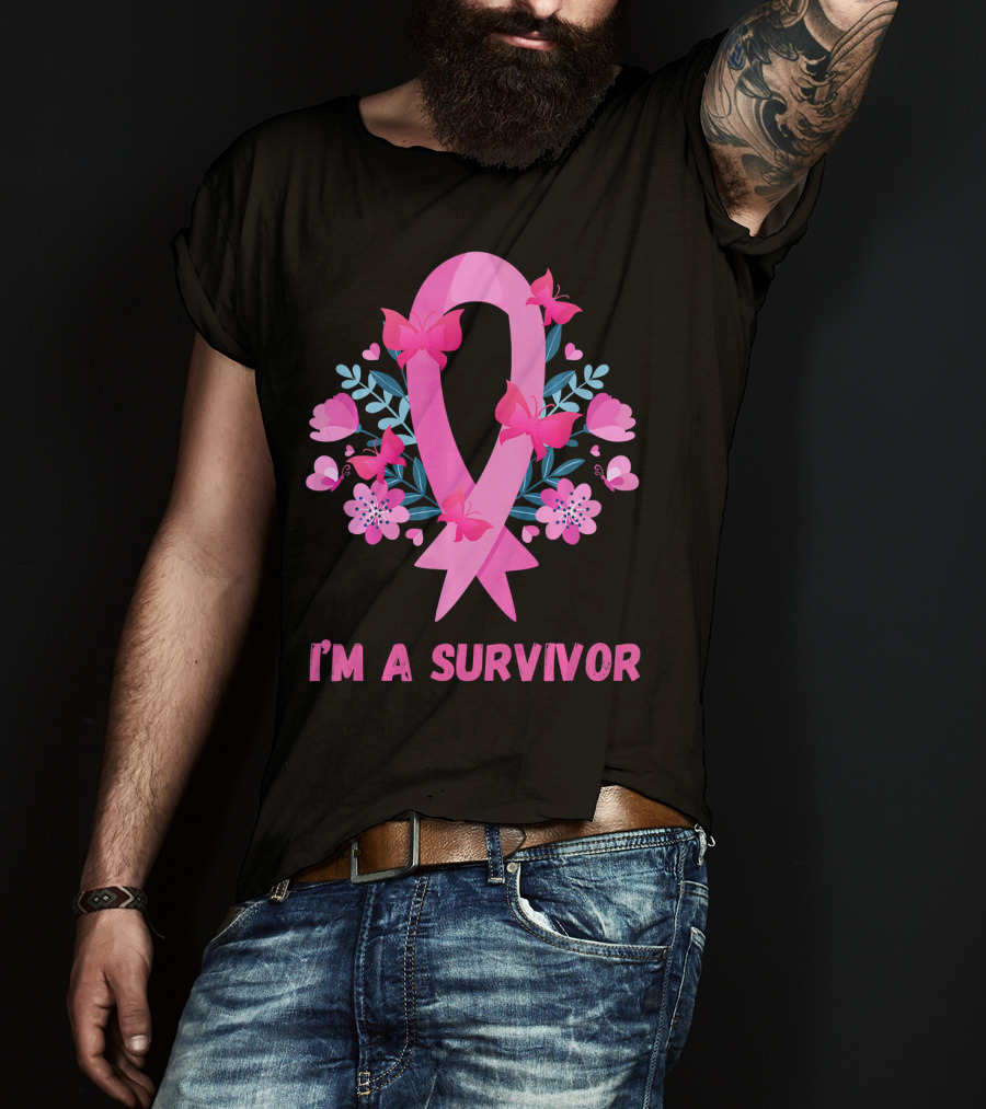 I'm A Survivor Pink Ribbon Butterfly Floral Breast Cancer T-Shirt