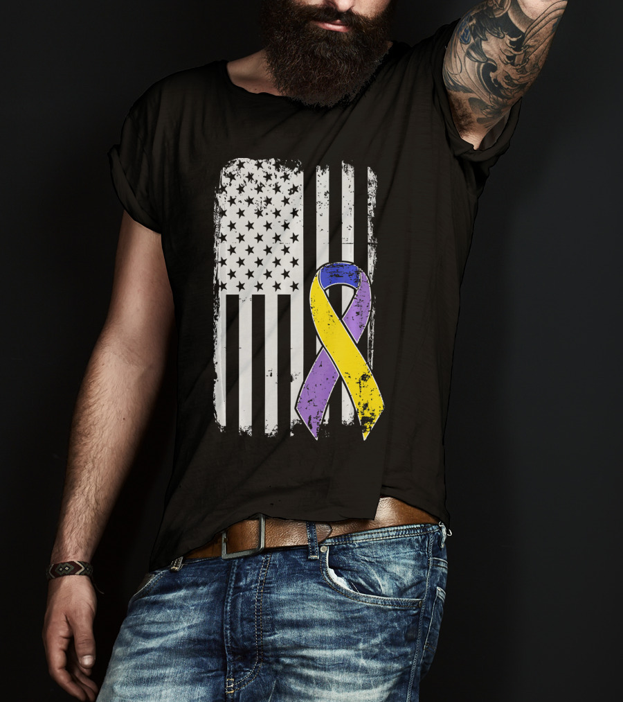 Bladder Cancer Awareness Distressed American Flag Purple Gold T-Shirt
