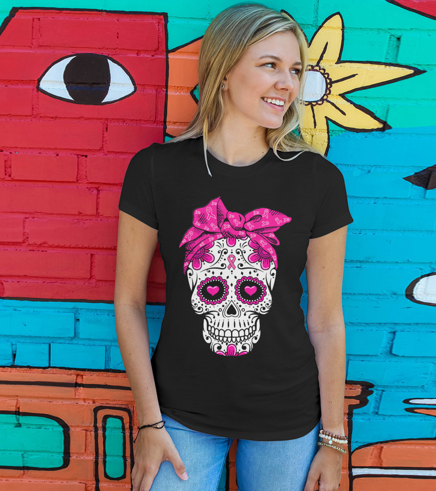 Sugar Skull With Pink Bow And Breast Cancer T-Shirt