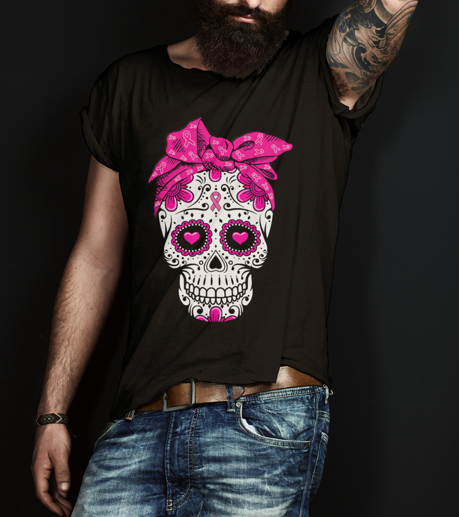 Sugar Skull With Pink Bow And Breast Cancer T-Shirt