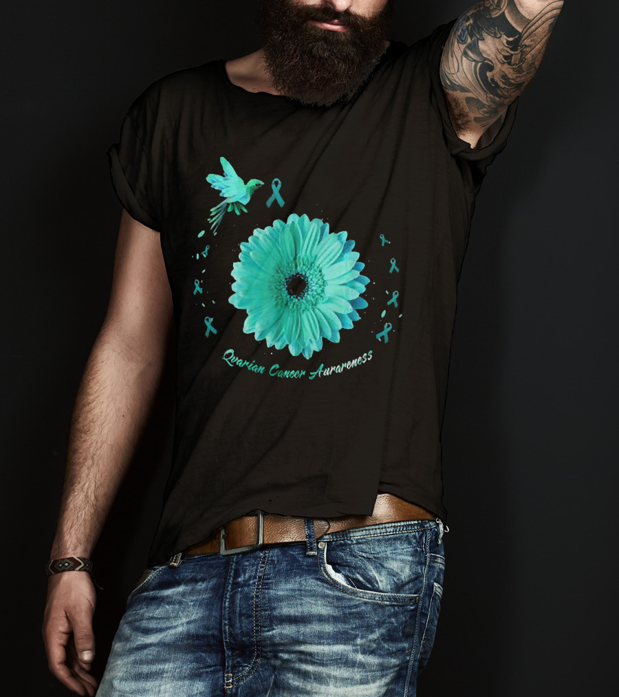 Teal Daisy Bird Ribbon Ovarian Cancer Awareness T-Shirt