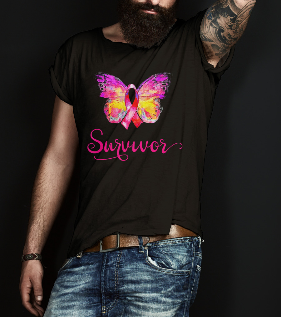 Survivor Butterfly Pink Ribbon Breast Cancer Awareness T-Shirt