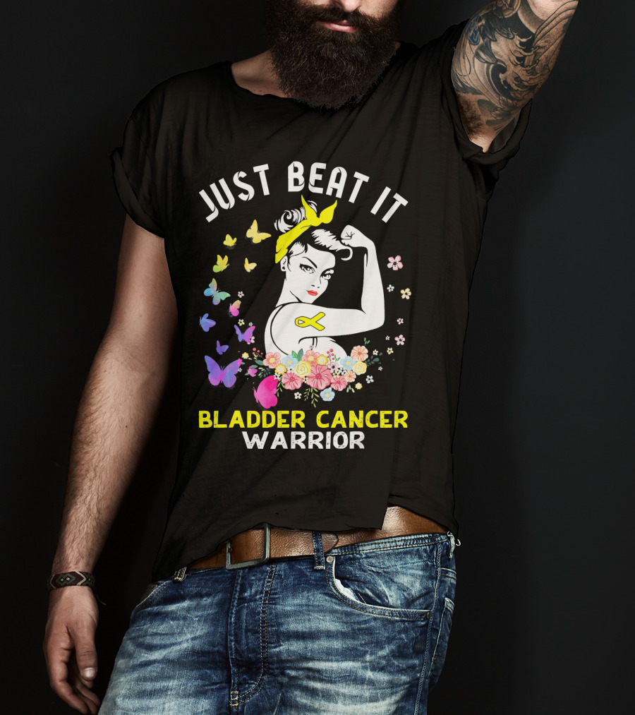 Just Beat It Bladder Cancer Warrior Butterfly Ribbon Floral Fighter T-Shirt