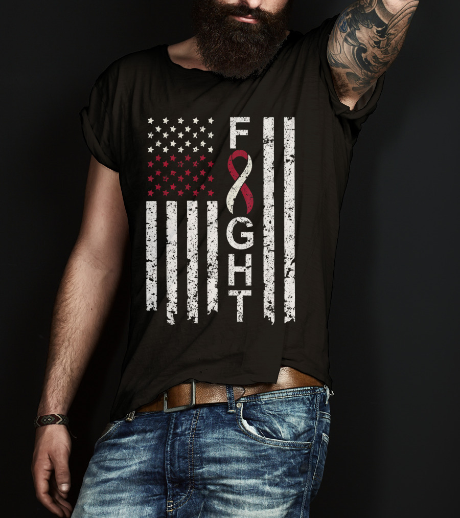 Head And Neck Cancer Awareness Fight Ribbon American Flag T-Shirt