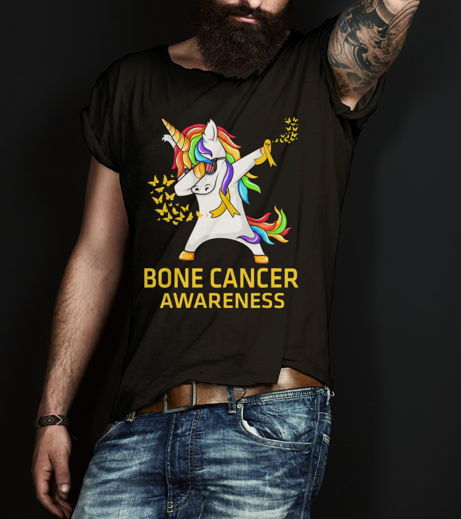 Bone Cancer Awareness Unicorn Dab With Yellow Ribbon Butterflies T-Shirt