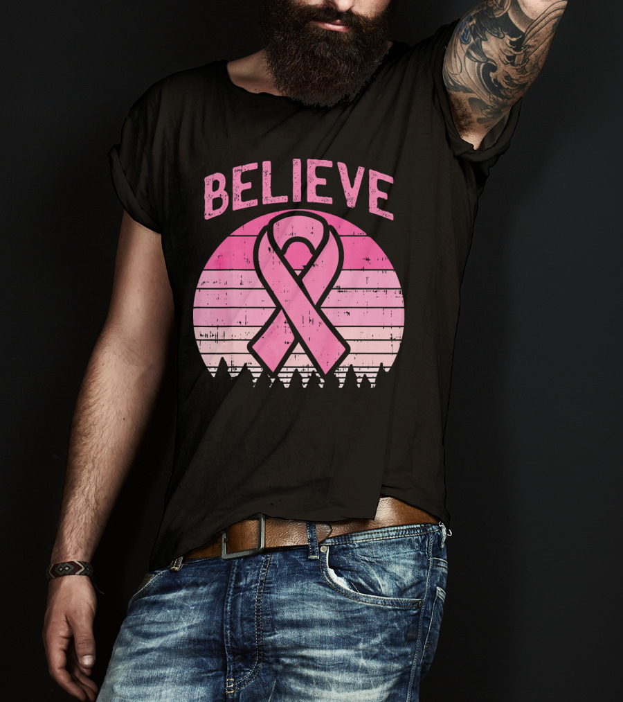 Believe Retro Sunset Pink Ribbon Breast Cancer Awareness T-Shirt