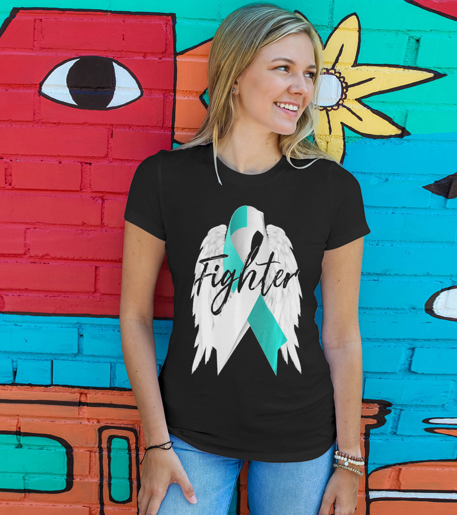 Cervical Cancer Fighter Teal Ribbon With Angel Wings T-Shirt
