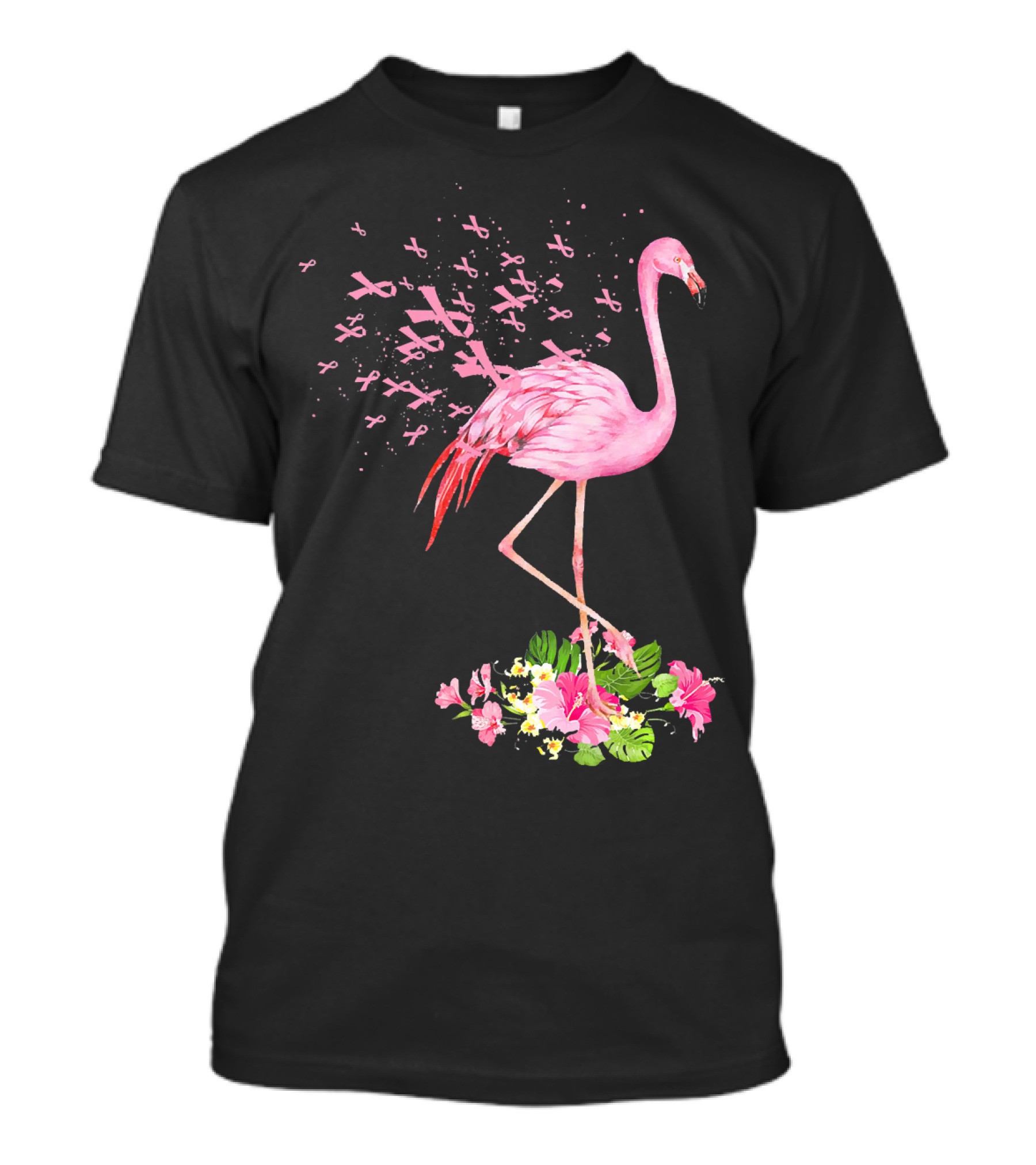 Flamingo With Pink Breast Cancer Ribbons And Floral Accents T-Shirt