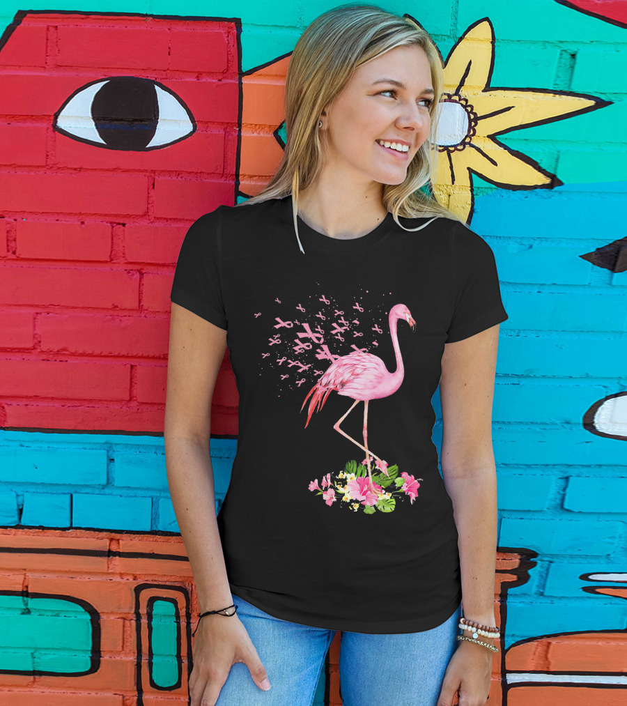 Flamingo With Pink Breast Cancer Ribbons And Floral Accents T-Shirt