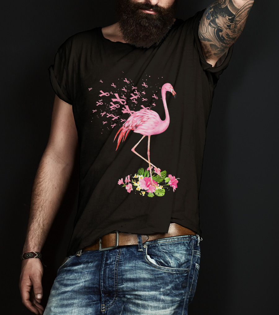 Flamingo With Pink Breast Cancer Ribbons And Floral Accents T-Shirt