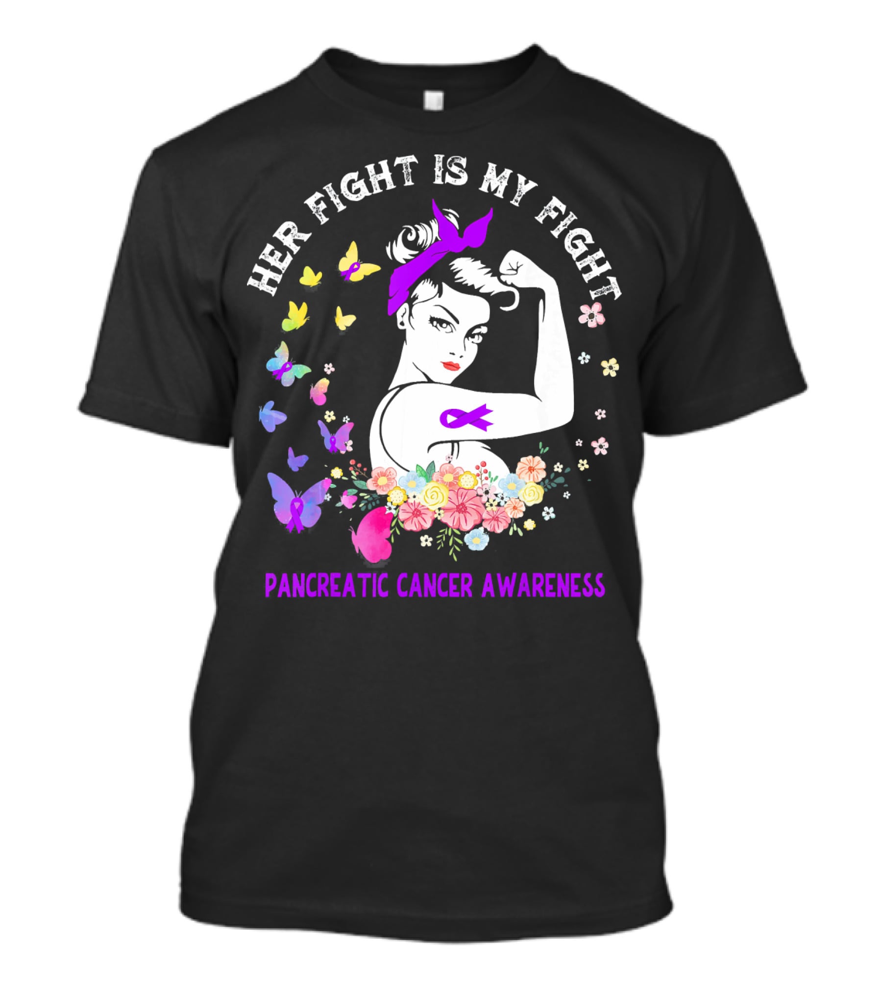 Her Fight Is My Fight Pancreatic Cancer Awareness Butterflies And Flowers T-Shirt