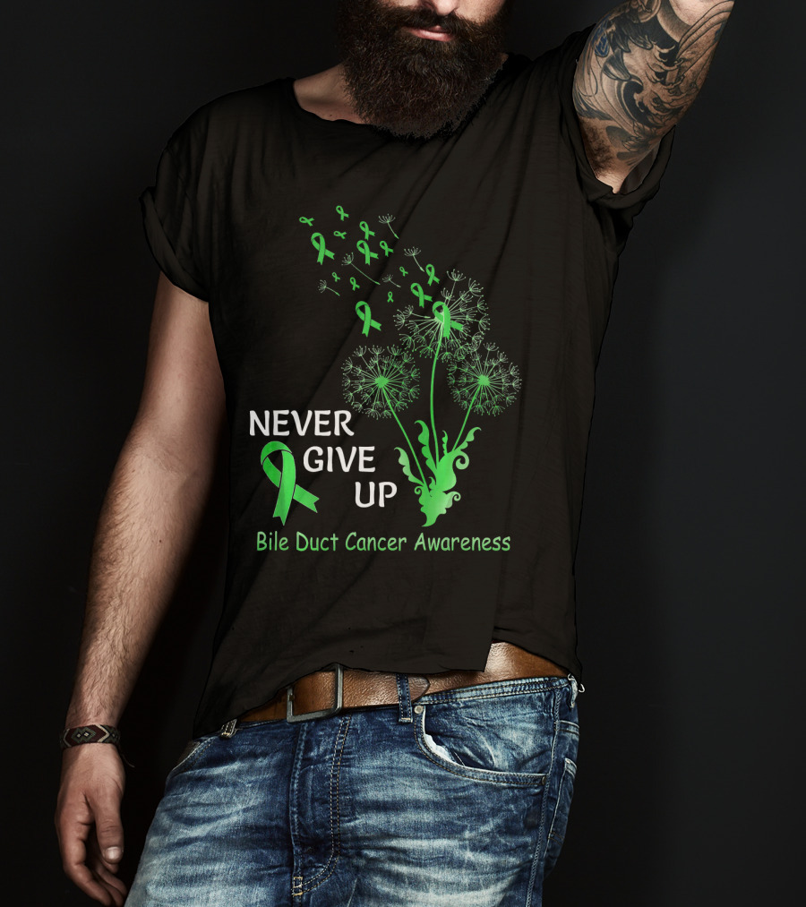 Never Give Up Bile Duct Cancer Awareness Dandelion Green Ribbons T-Shirt