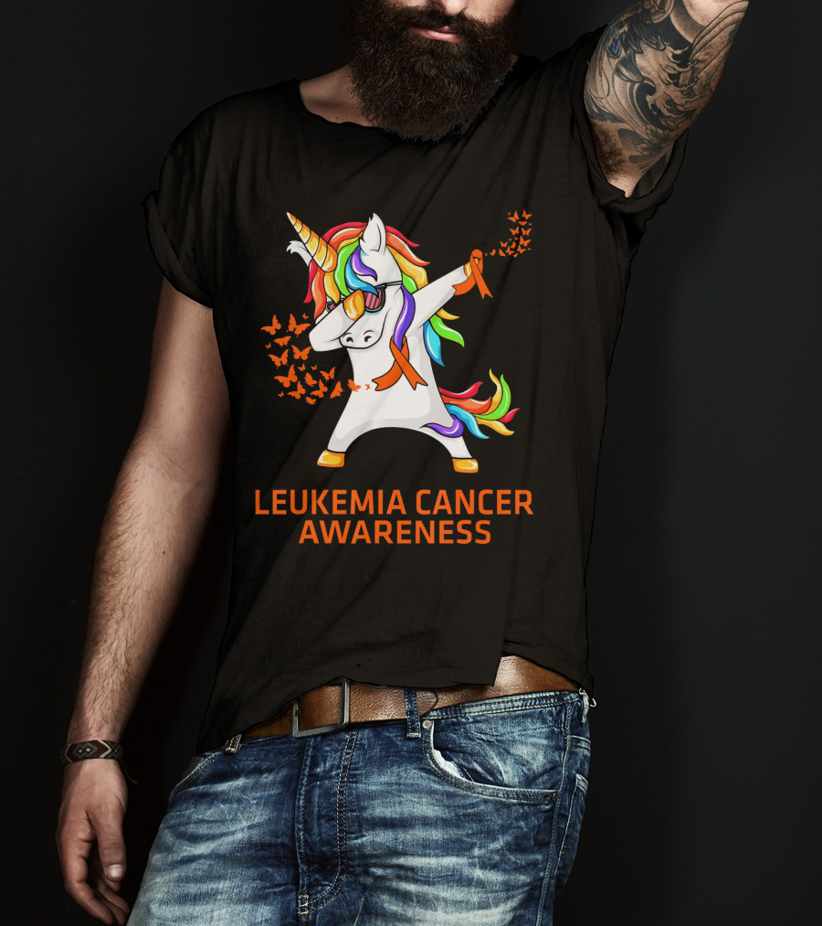 Leukemia Cancer Awareness Unicorn Dabbing With Rainbow Mane And Orange T-Shirt