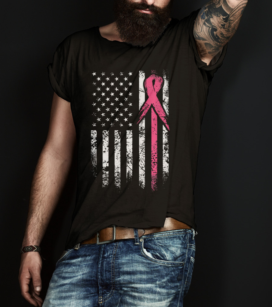 Breast Cancer Awareness American Flag Grunge T-Shirt