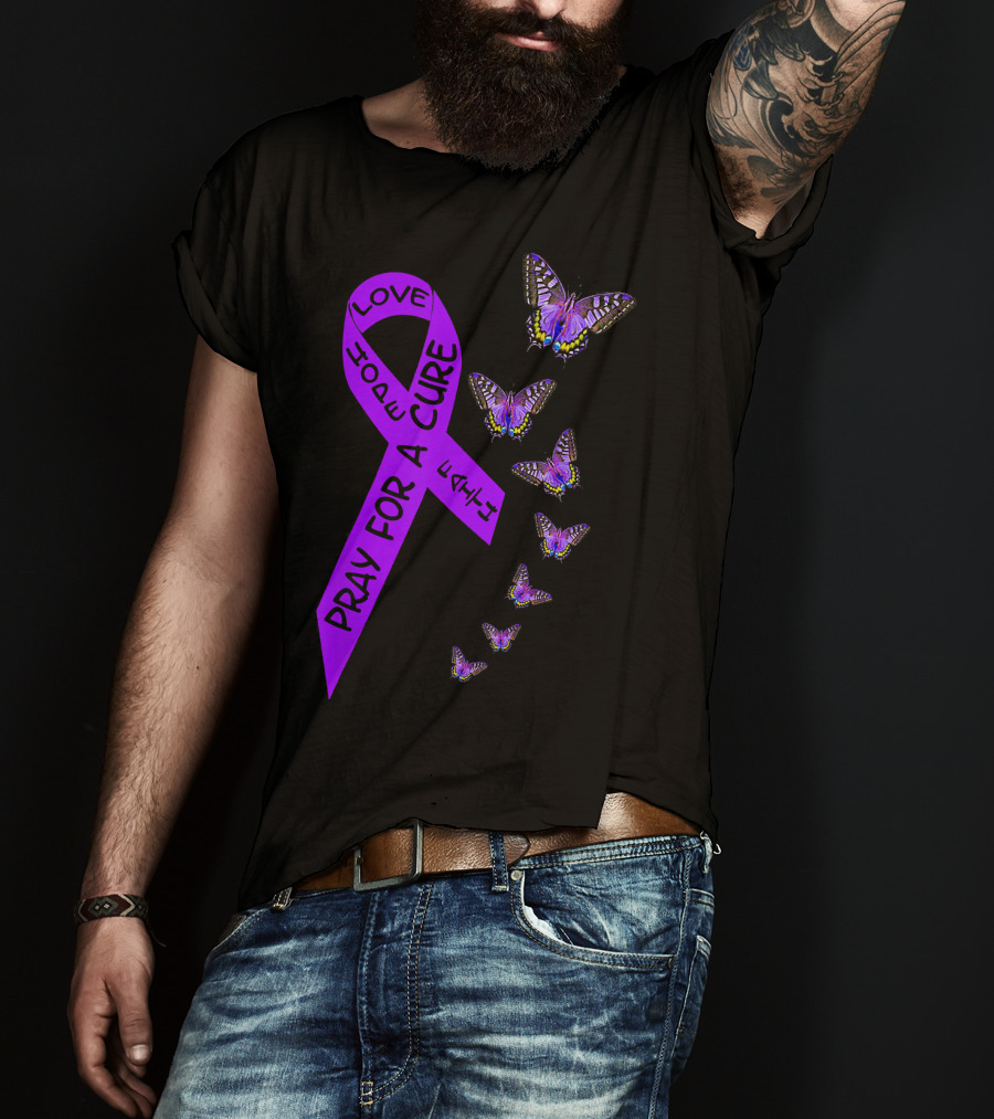 Pray For A Cure Love Hope Purple Ribbon Butterflies Pancreatic Cancer Awareness T-Shirt
