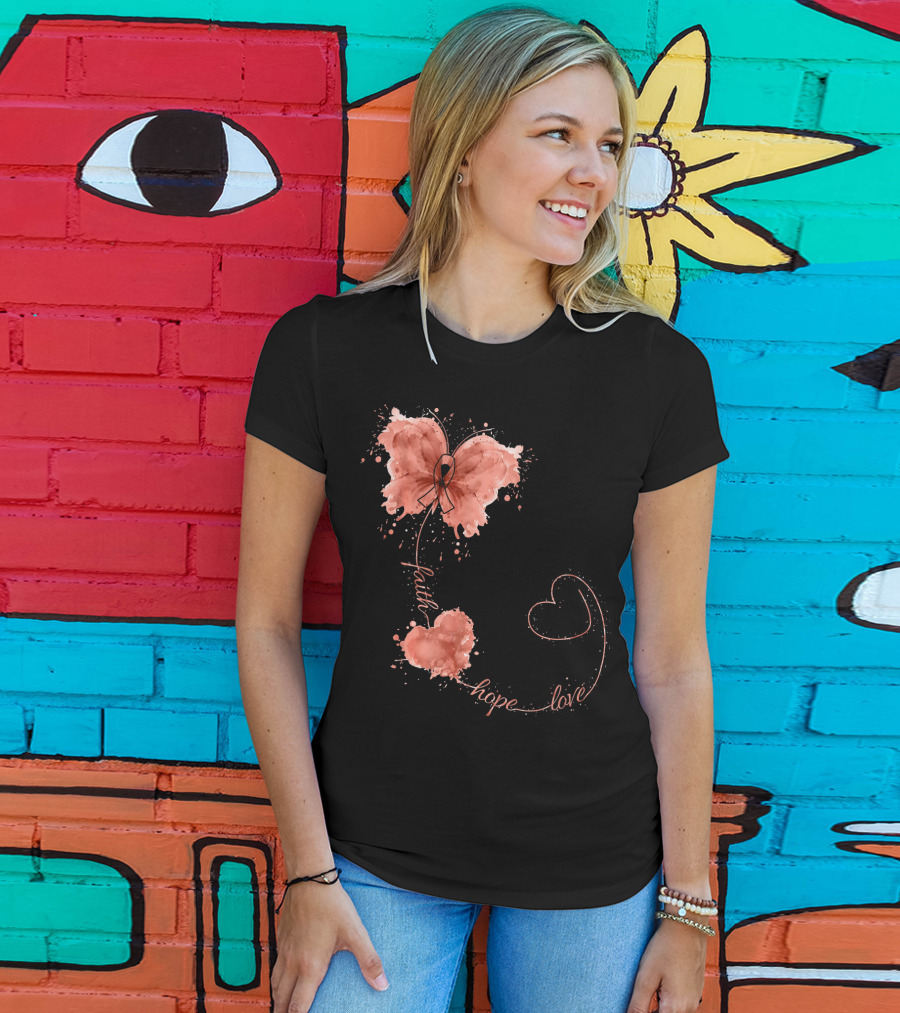 Faith Hope Love Butterfly Ribbon Uterine Cancer Awareness T-Shirt