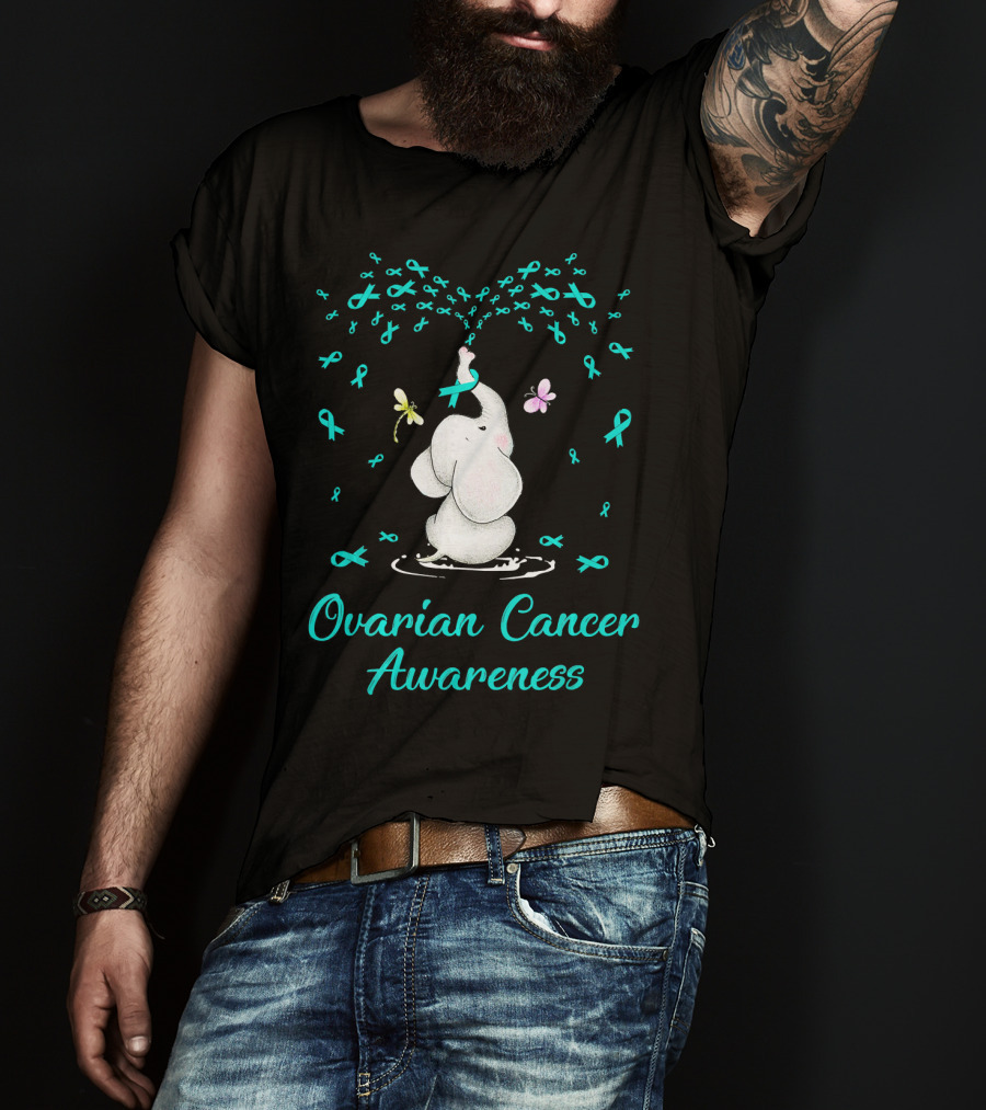 Ovarian Cancer Awareness Elephant With Ribbon And Butterflies T-Shirt