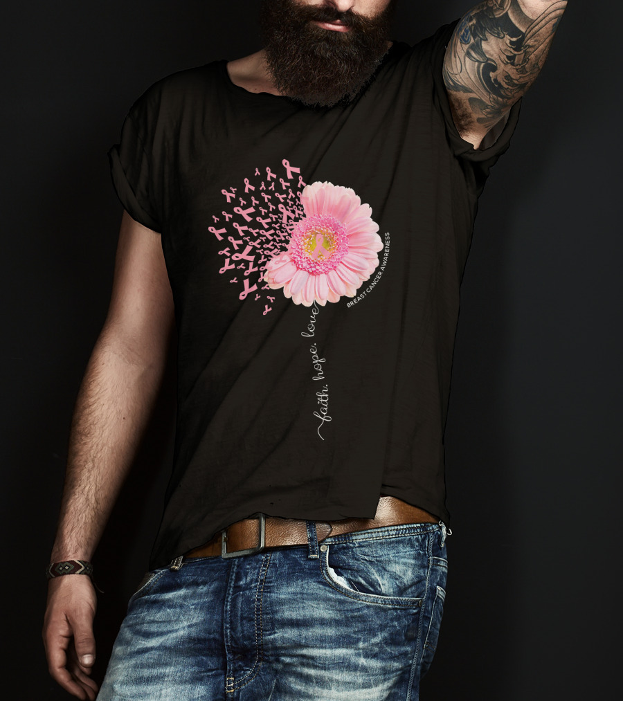 Faith Hope Love Dandelion Daisy Breast Cancer Awareness T-Shirt