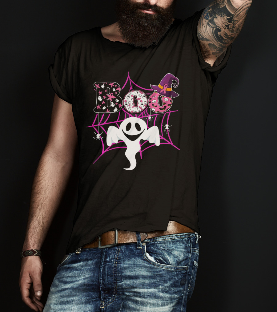 BOO Ghost Pink Ribbon Breast Cancer Awareness Halloween Spider Web Hat T-Shirt