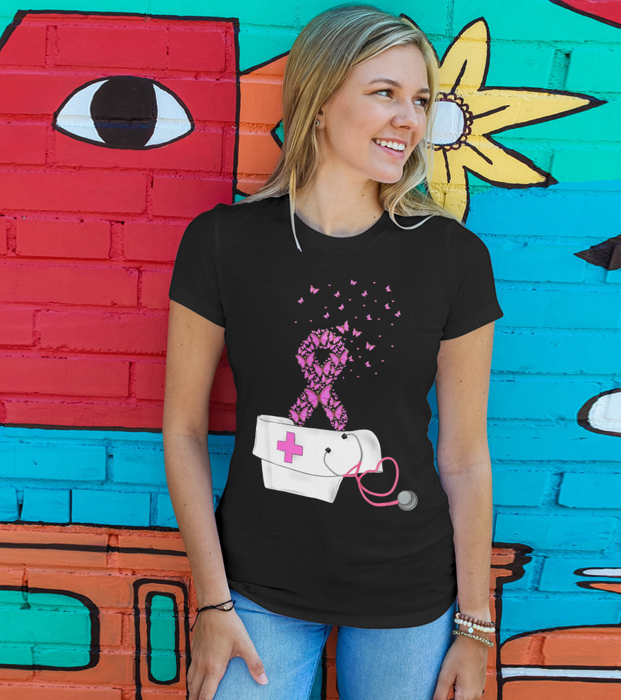 Breast Cancer Awareness Pink Butterfly Ribbon Nurse Doctor Stethoscope Hat T-Shirt