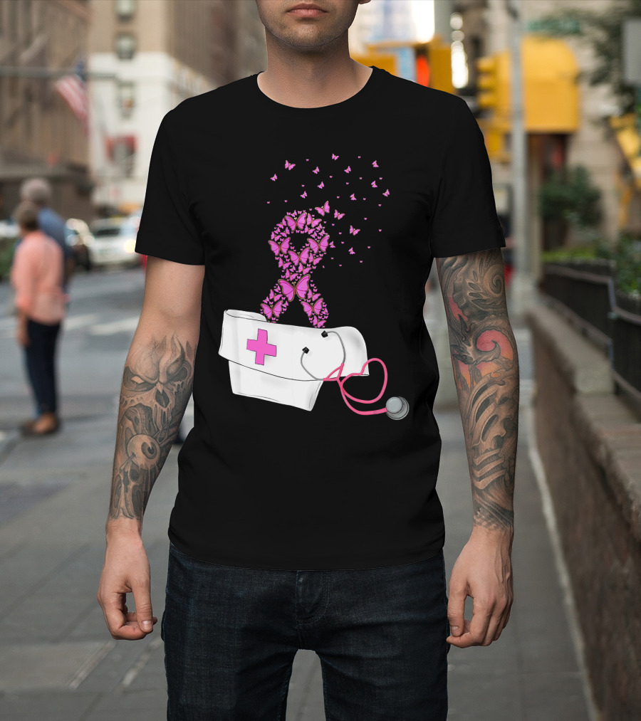 Breast Cancer Awareness Pink Butterfly Ribbon Nurse Doctor Stethoscope Hat T-Shirt