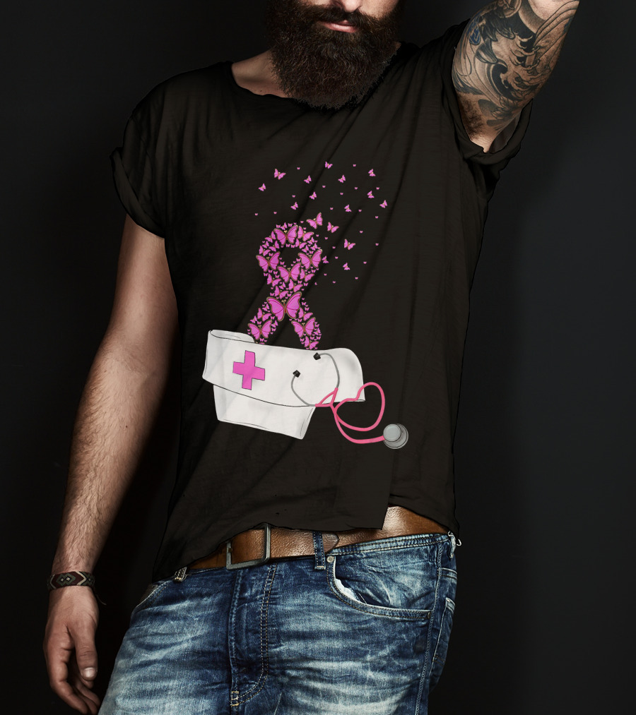 Breast Cancer Awareness Pink Butterfly Ribbon Nurse Doctor Stethoscope Hat T-Shirt