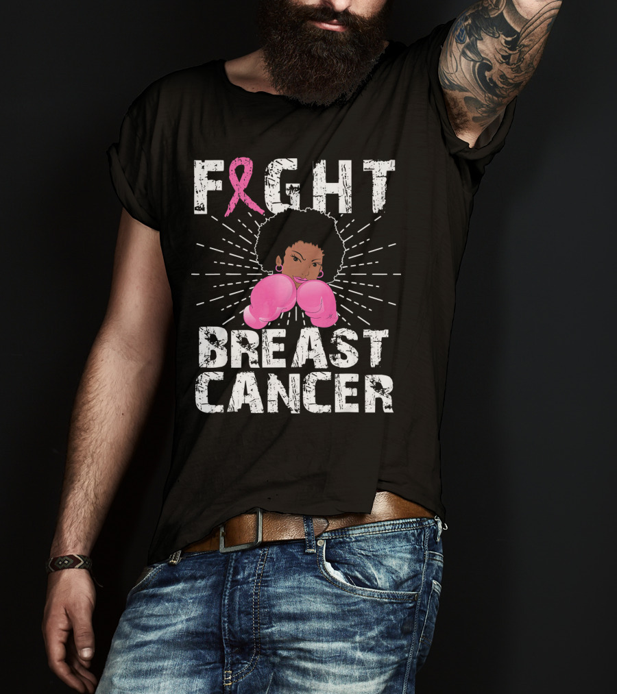 FIGHT Breast Cancer Pink Ribbon Afro Woman Boxing Gloves T-Shirt
