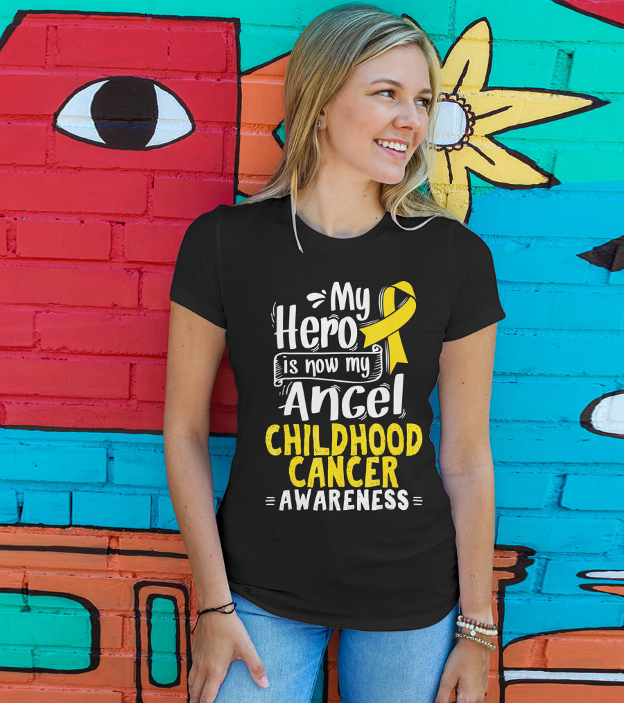 Gold Awareness Ribbon My Hero Is Now My Angel Childhood Cancer Awareness T-Shirt
