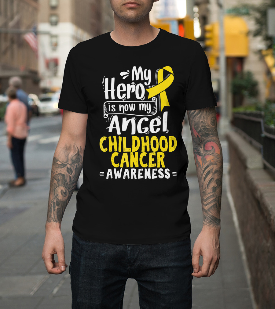 Gold Awareness Ribbon My Hero Is Now My Angel Childhood Cancer Awareness T-Shirt