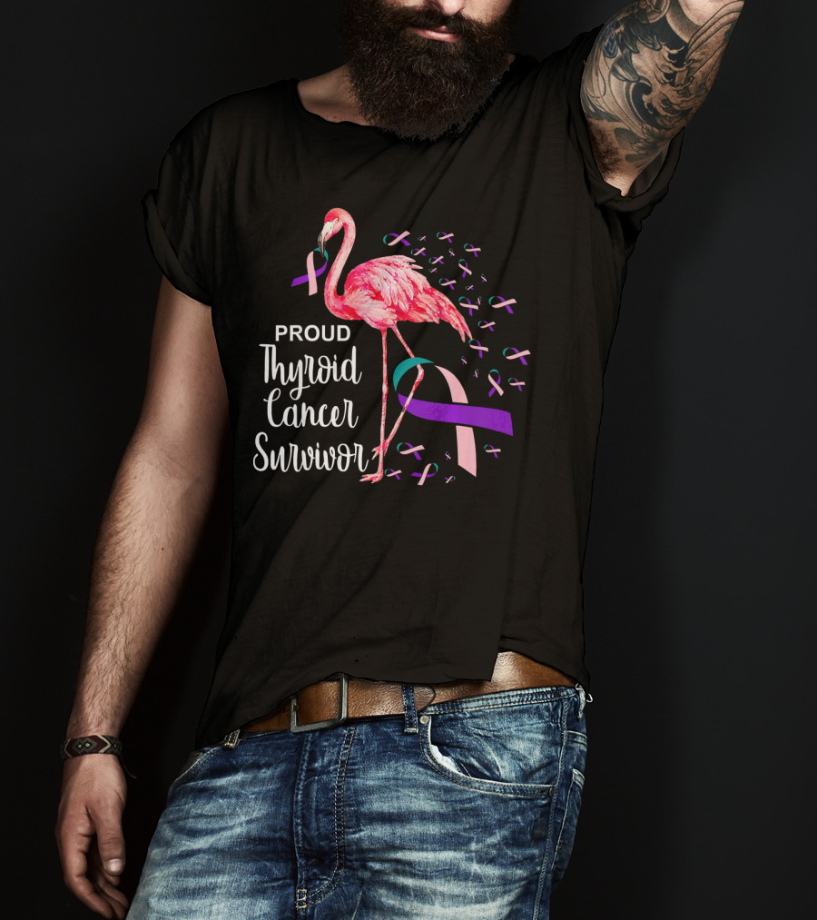Proud Thyroid Cancer Survivor Flamingo Pink And Purple Ribbons T-Shirt