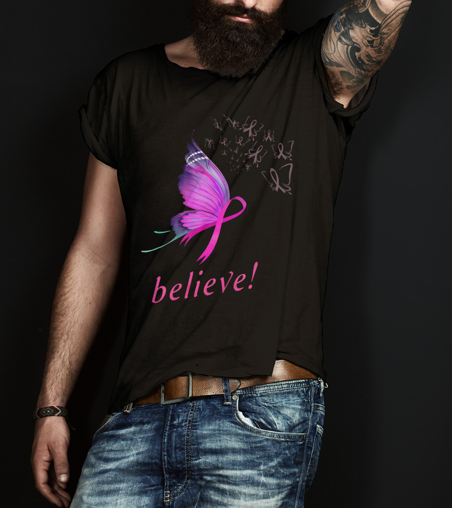 Believe Pink Ribbon Butterfly Breast Cancer Awareness T-Shirt