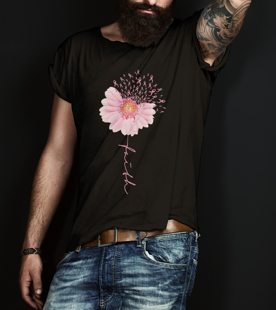 Faith Daisy Flower Pink Ribbon Breast Cancer T-Shirt