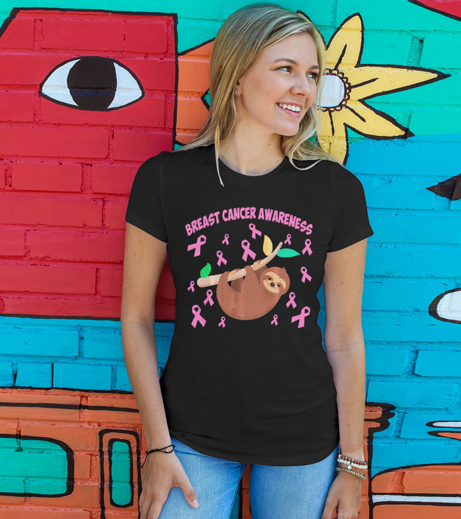 Breast Cancer Awareness Cute Sloth Pink Ribbons T-Shirt