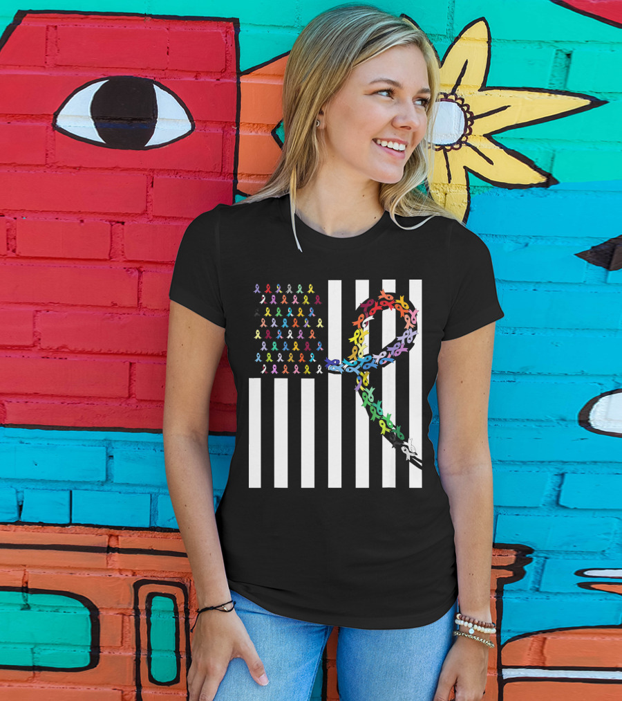 All Cancer Matters Awareness USA Flag Ribbon Stripes T-Shirt