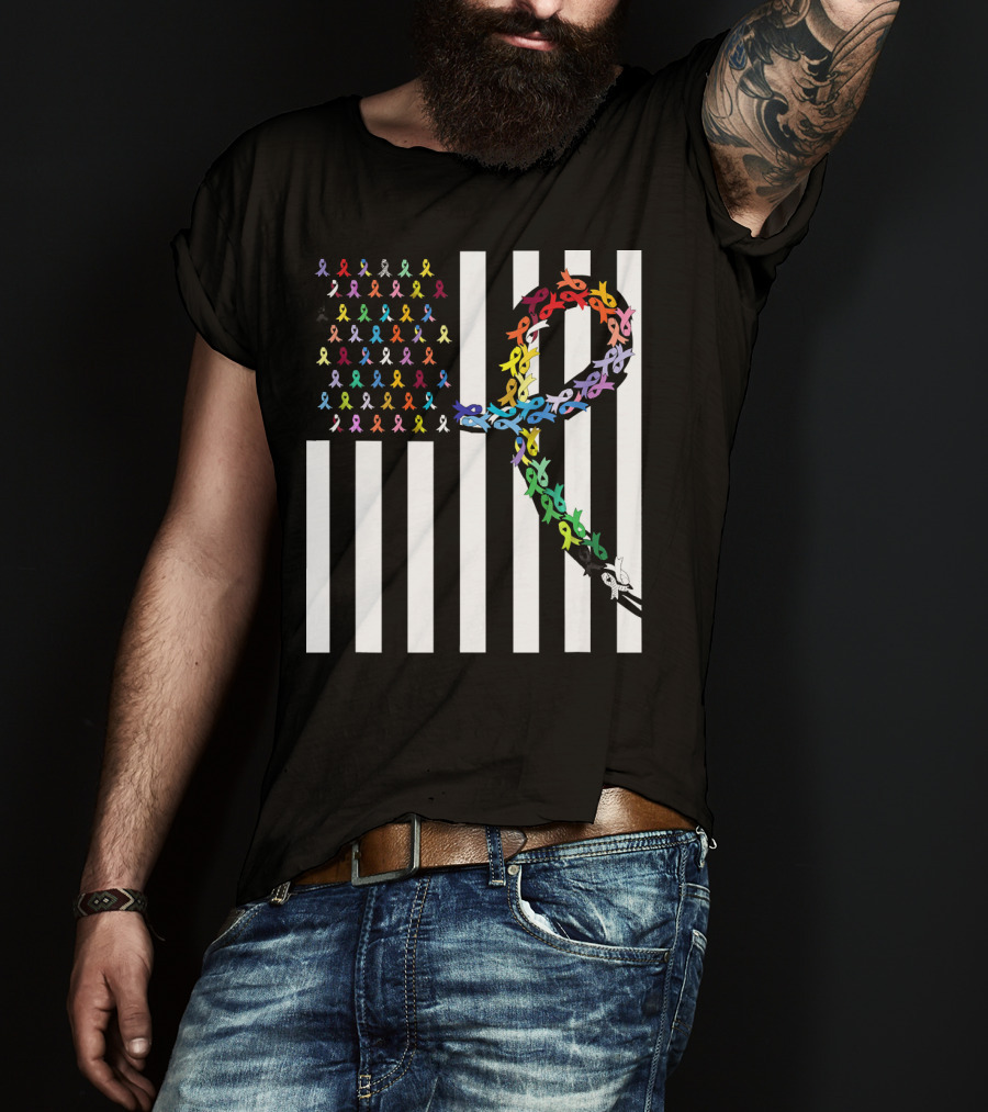All Cancer Matters Awareness USA Flag Ribbon Stripes T-Shirt