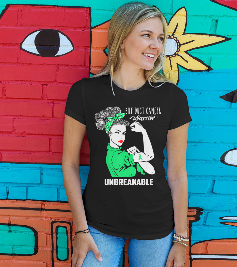 Bile Duct Cancer Warrior Unbreakable Rosie The Riveter Style With Awareness T-Shirt