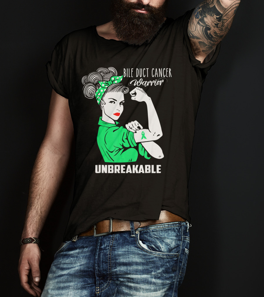 Bile Duct Cancer Warrior Unbreakable Rosie The Riveter Style With Awareness T-Shirt