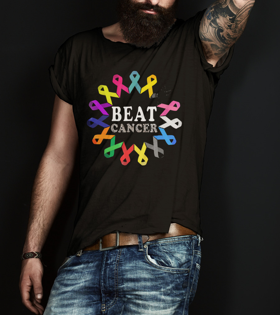 BEAT CANCER Multicolored Awareness Ribbons T-Shirt
