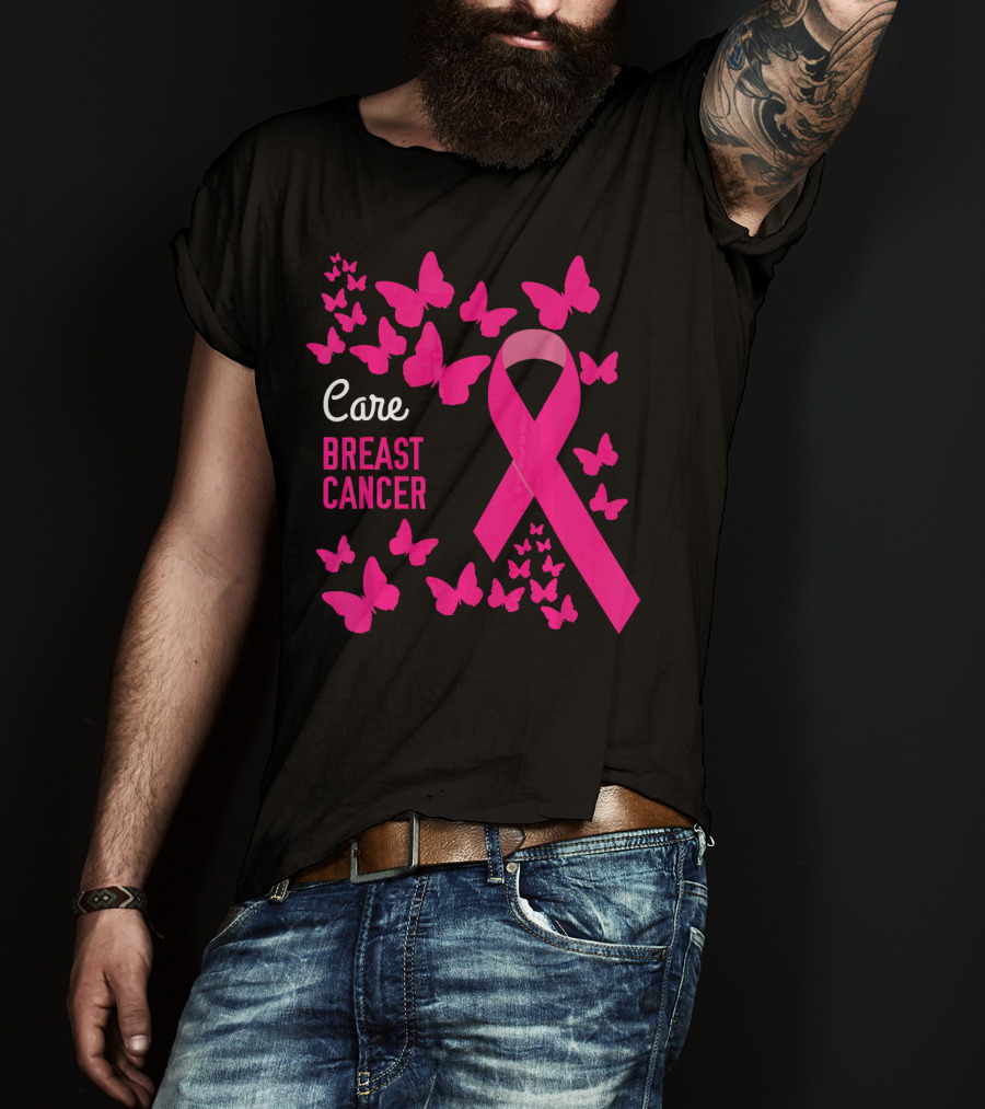 Care Breast Cancer Pink Ribbon Awareness With Butterfly Support T-Shirt