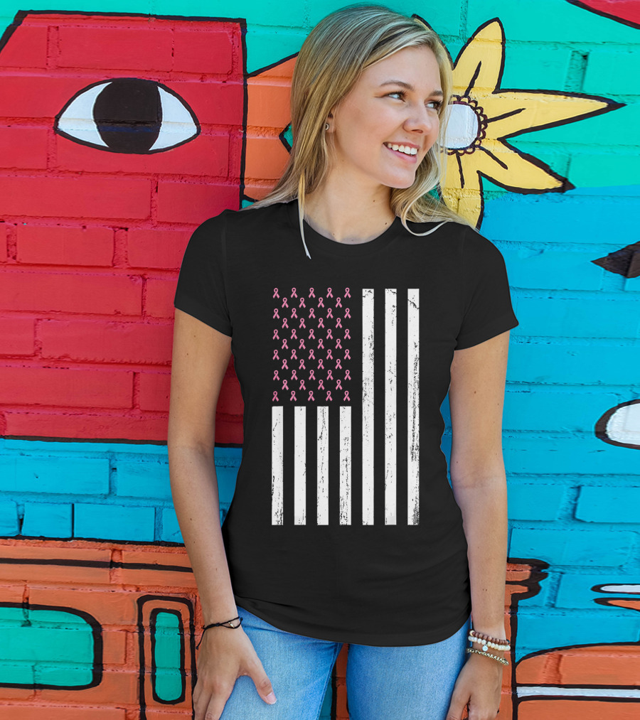American Flag Pink Ribbons Breast Cancer Awareness T-Shirt