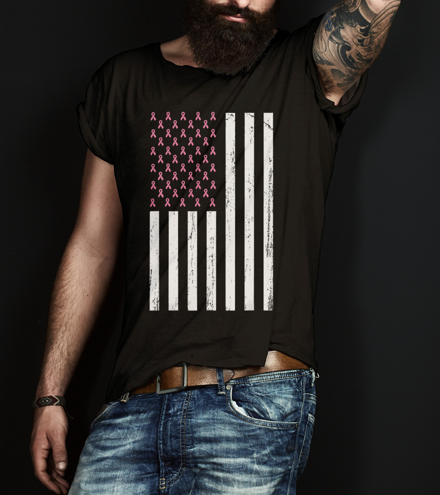 American Flag Pink Ribbons Breast Cancer Awareness T-Shirt