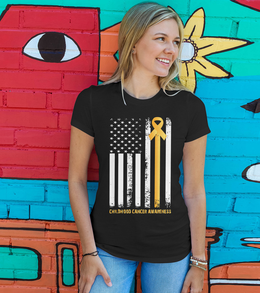 Childhood Cancer Awareness Gold Ribbon American Flag T-Shirt