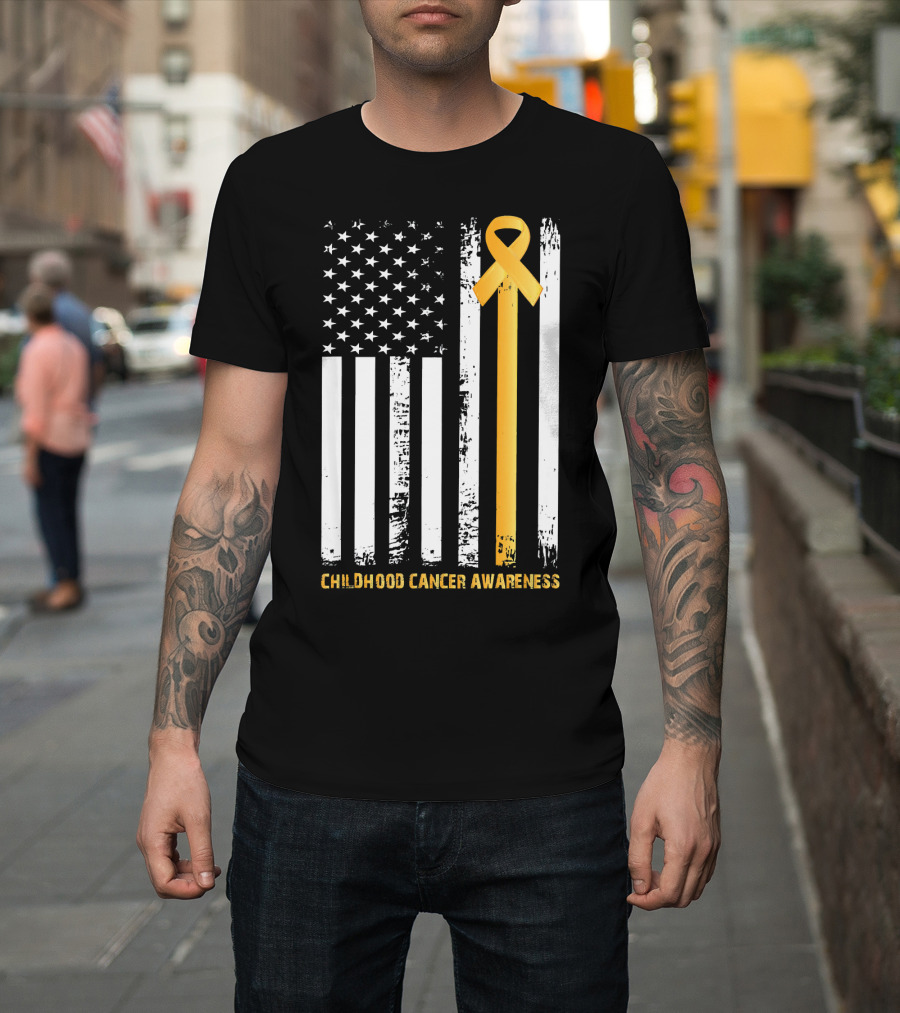 Childhood Cancer Awareness Gold Ribbon American Flag T-Shirt