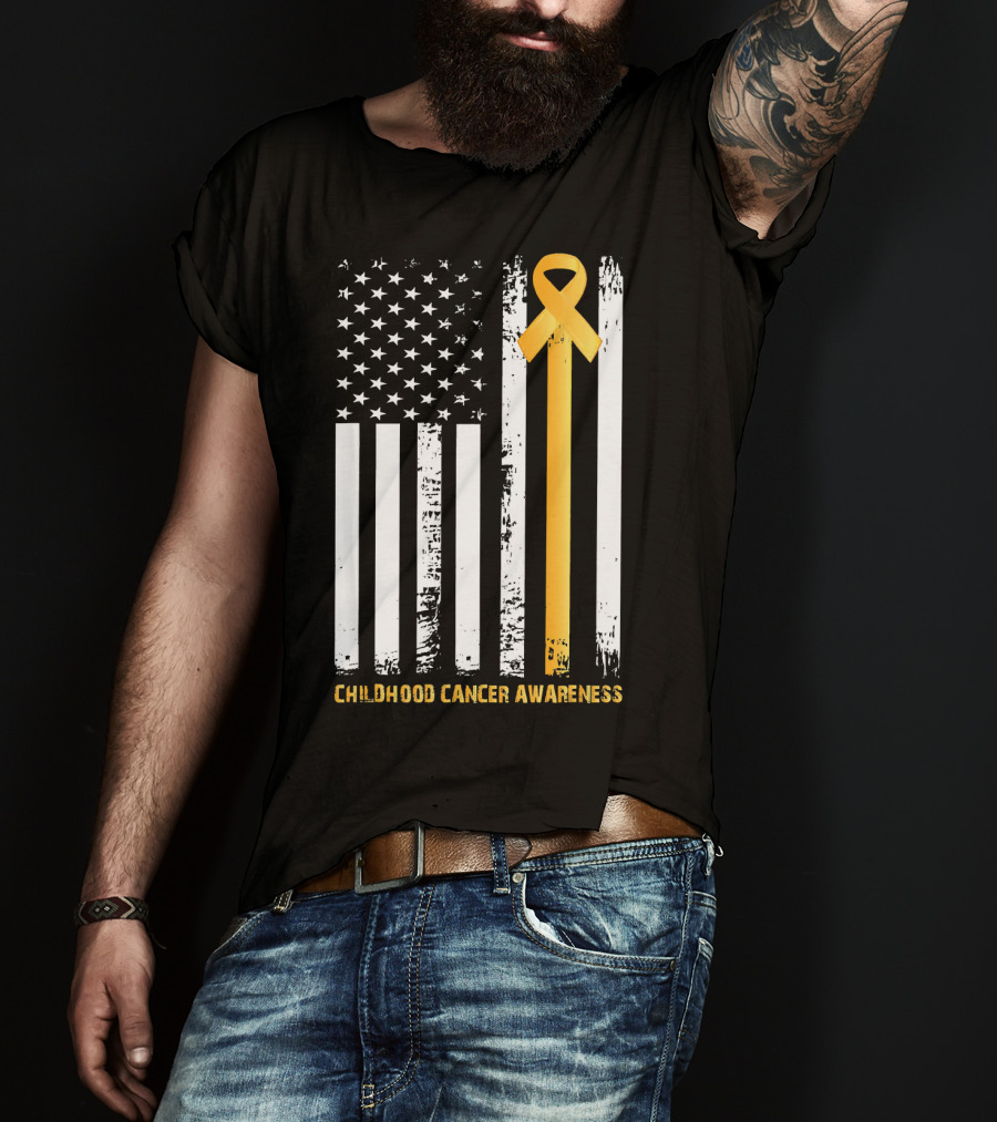 Childhood Cancer Awareness Gold Ribbon American Flag T-Shirt