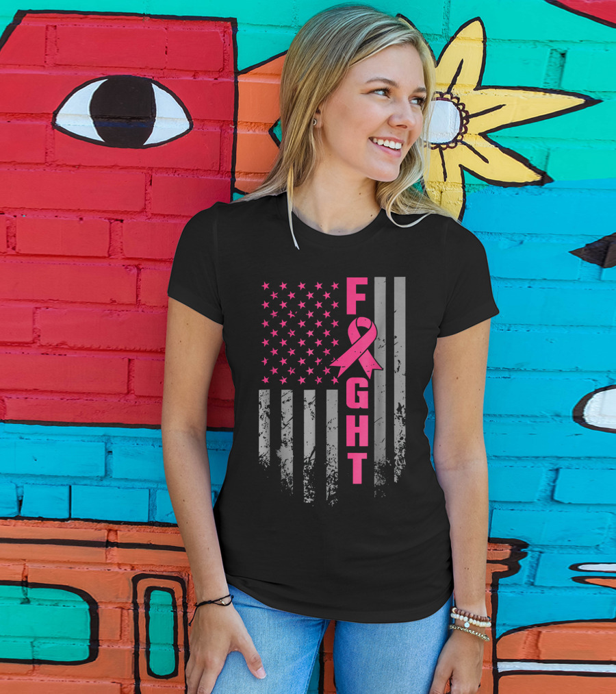Breast Cancer Awareness American Flag Fight T-Shirt