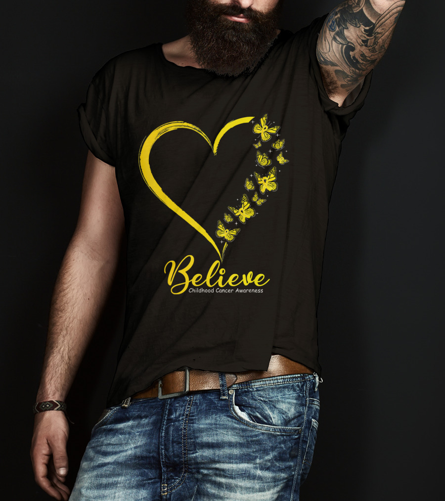Believe Butterfly Heart Childhood Cancer Awareness T-Shirt