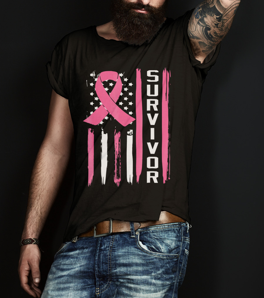 Survivor Breast Cancer Ribbon American Flag T-Shirt