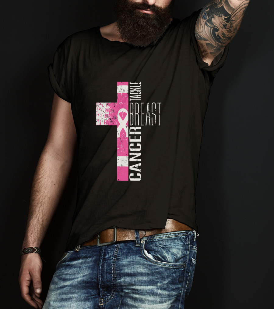 Tackle Breast Cancer Pink Ribbon Cross T-Shirt