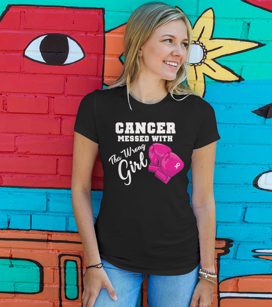 Cancer Messed With The Wrong Girl Boxing Gloves Breast Cancer Awareness T-Shirt