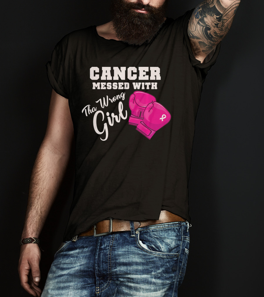 Cancer Messed With The Wrong Girl Boxing Gloves Breast Cancer Awareness T-Shirt